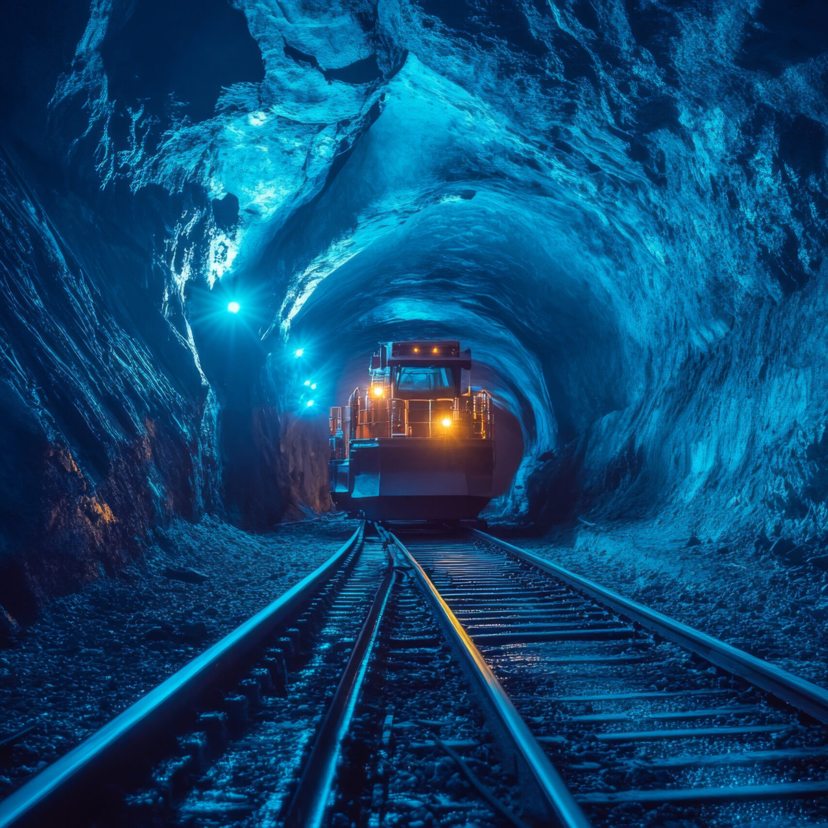 Coal mine with mining machine on railway. Dark underground tunnel illuminated in blue light